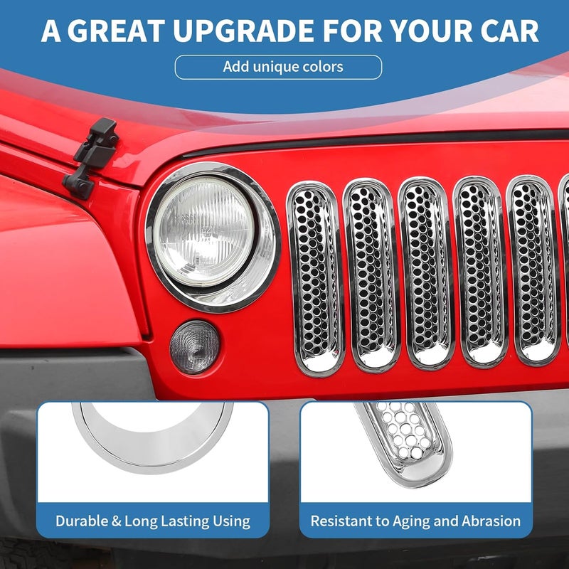 PDKLIN for Jeep JK Front Grille Inserts & Headlight Cover Trim Ring for Jeep Wrangler JK JKU 2007-2017 Chrome Exterior Accessories 9pcs - Image 5